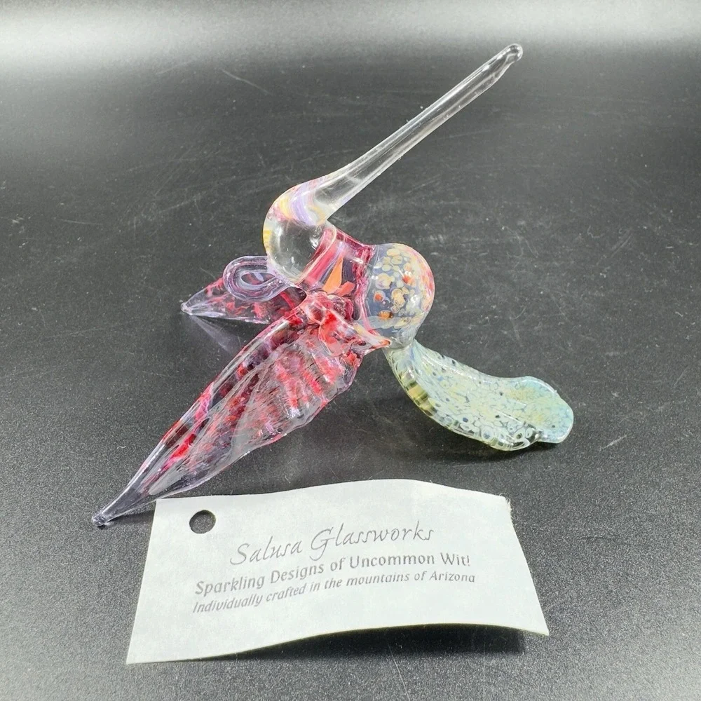 Bandhu Dunham Hand Blown Salusa Glass Christmas Ornament Hummingbird Figure Tag